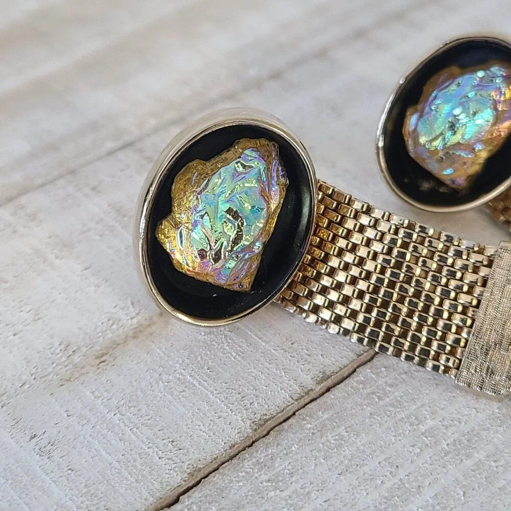 Vintage Cufflinks Volcanic Lava Glass Irridescent Gold Tone